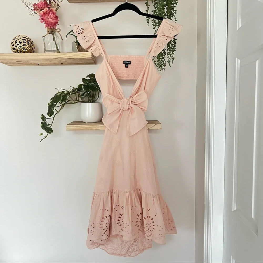 Express Embroidered Cotton Ruffle Mini Dress - Picture 2 of 8